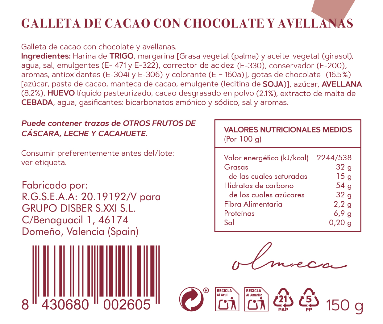 Cookies de Chocolate con Avellanas 150 g DULCIISART OLMECA