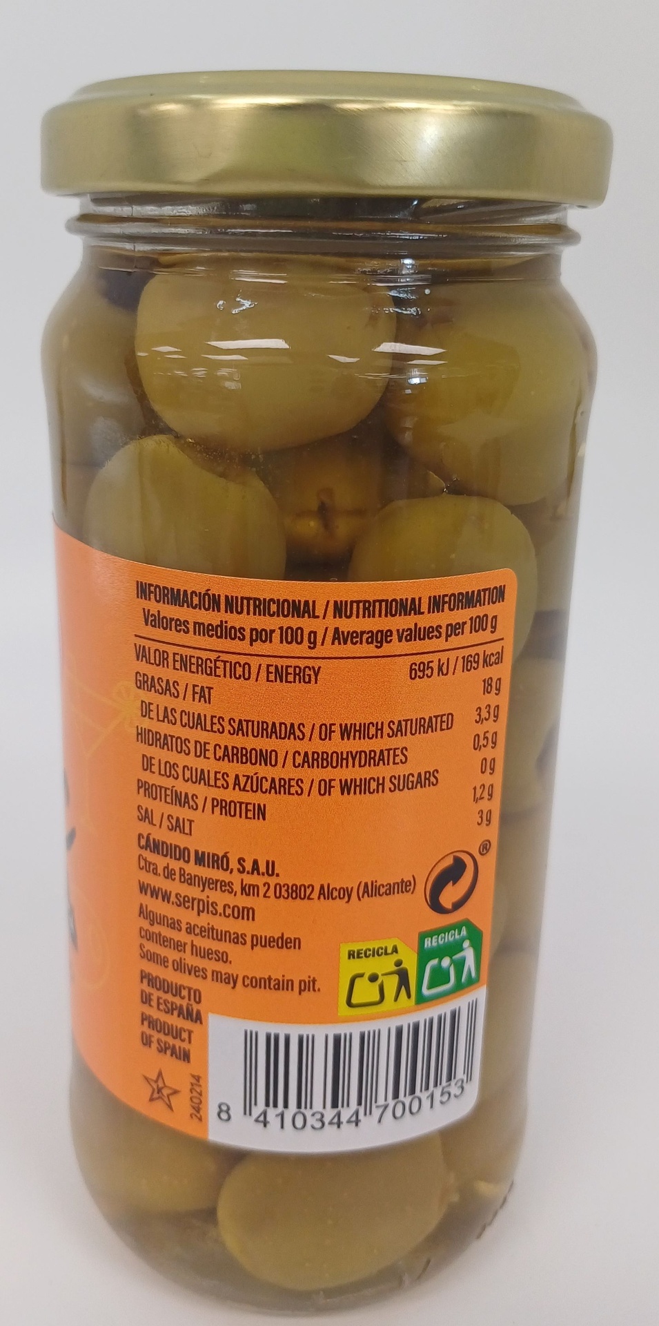 Tarro Aceitunas Hojiblanca Verdes sin Hueso 2335g Neto SERPIS