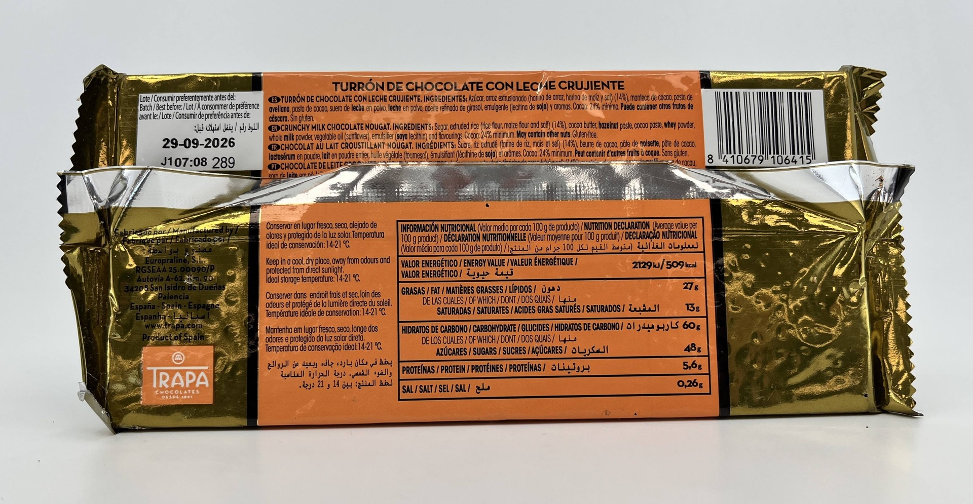 Turron Chocolate con Leche Crujiente 140g TRAPA