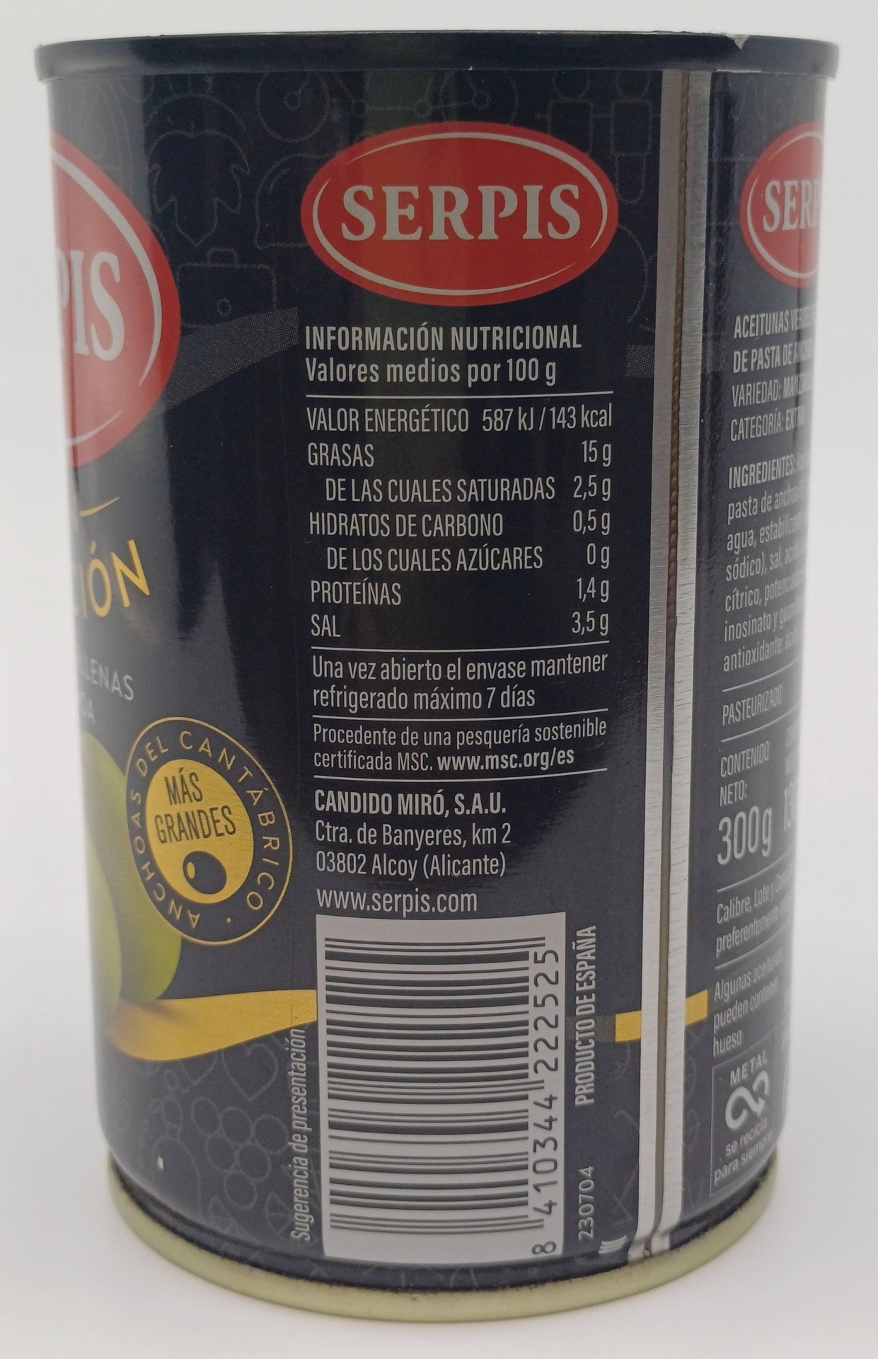 Lata Aceitunas Manzanilla Gran Seleccion Rellenas Anchoa 300g Neto SERPIS