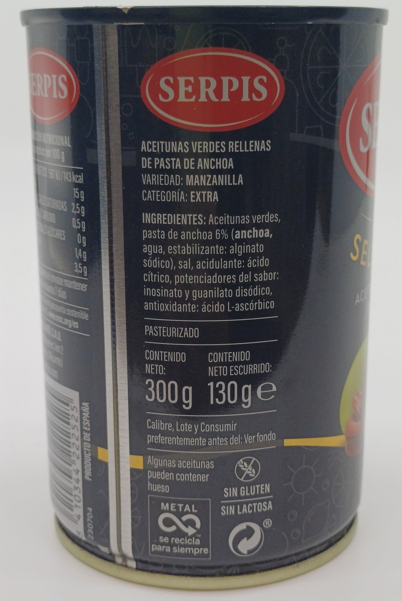 Lata Aceitunas Manzanilla Gran Seleccion Rellenas Anchoa 300g Neto SERPIS