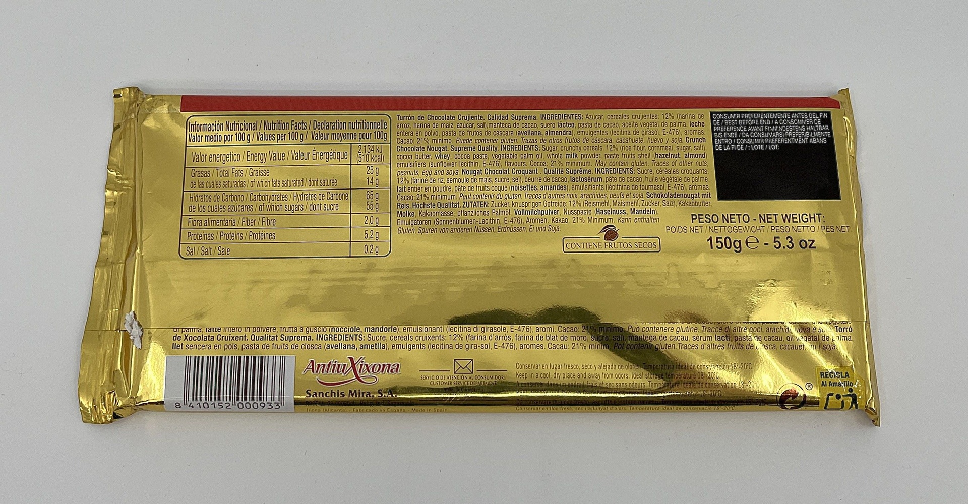 Turrón Chocolate Crujiente Calidad Suprema 150 g ANTIU XIXONA