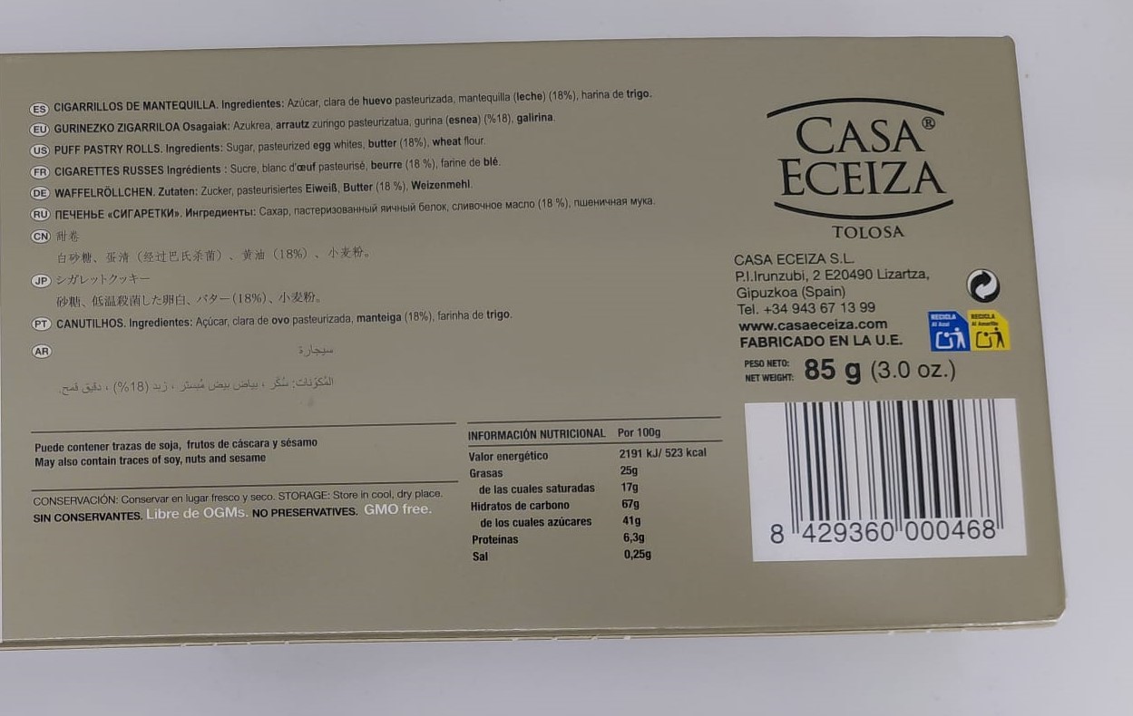 Cigarrillos Mantequilla de Tolosa 85g CASA ECEIZA