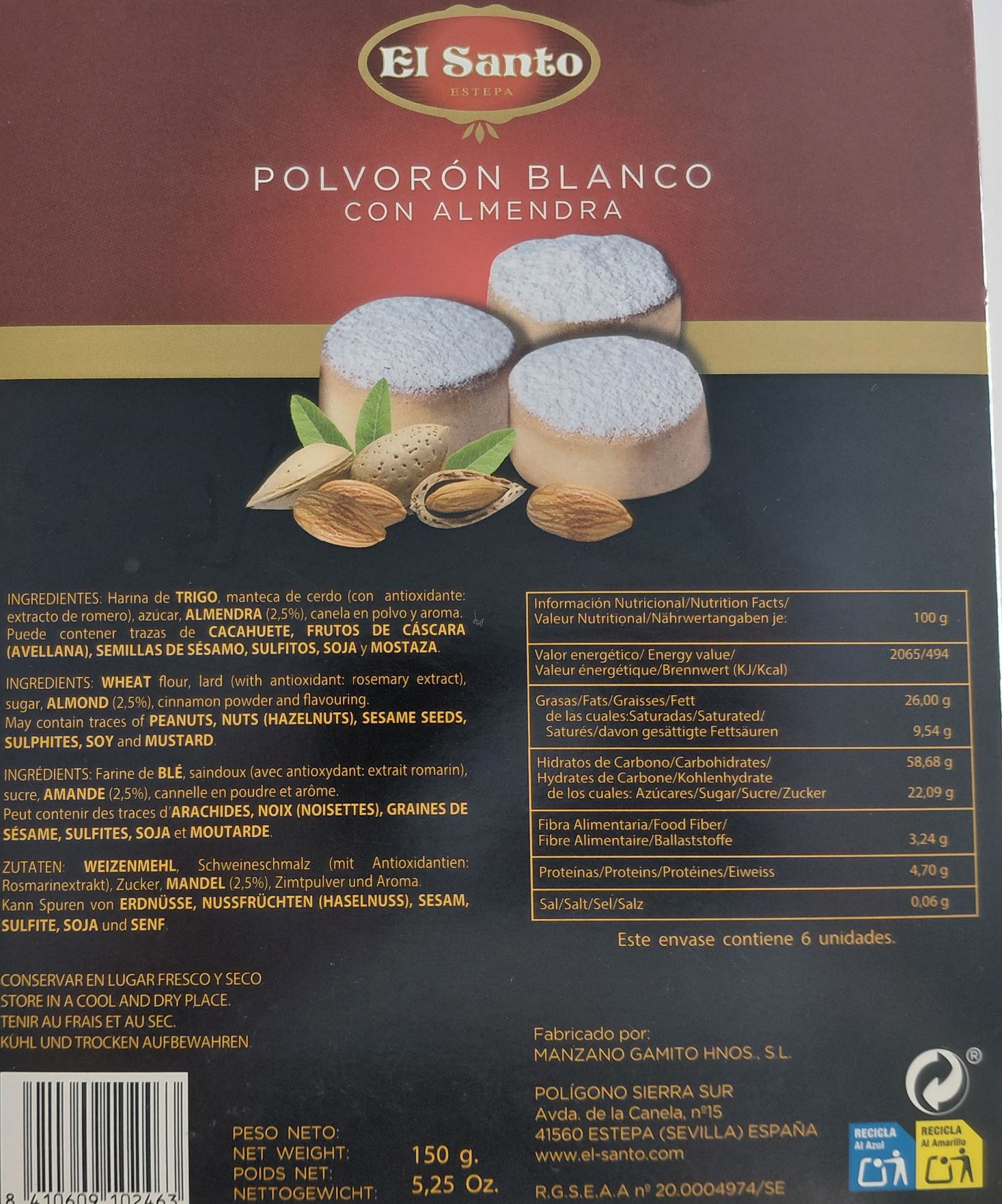 Polvoron Blanco con Almendra 150g EL SANTO de ESTEPA
