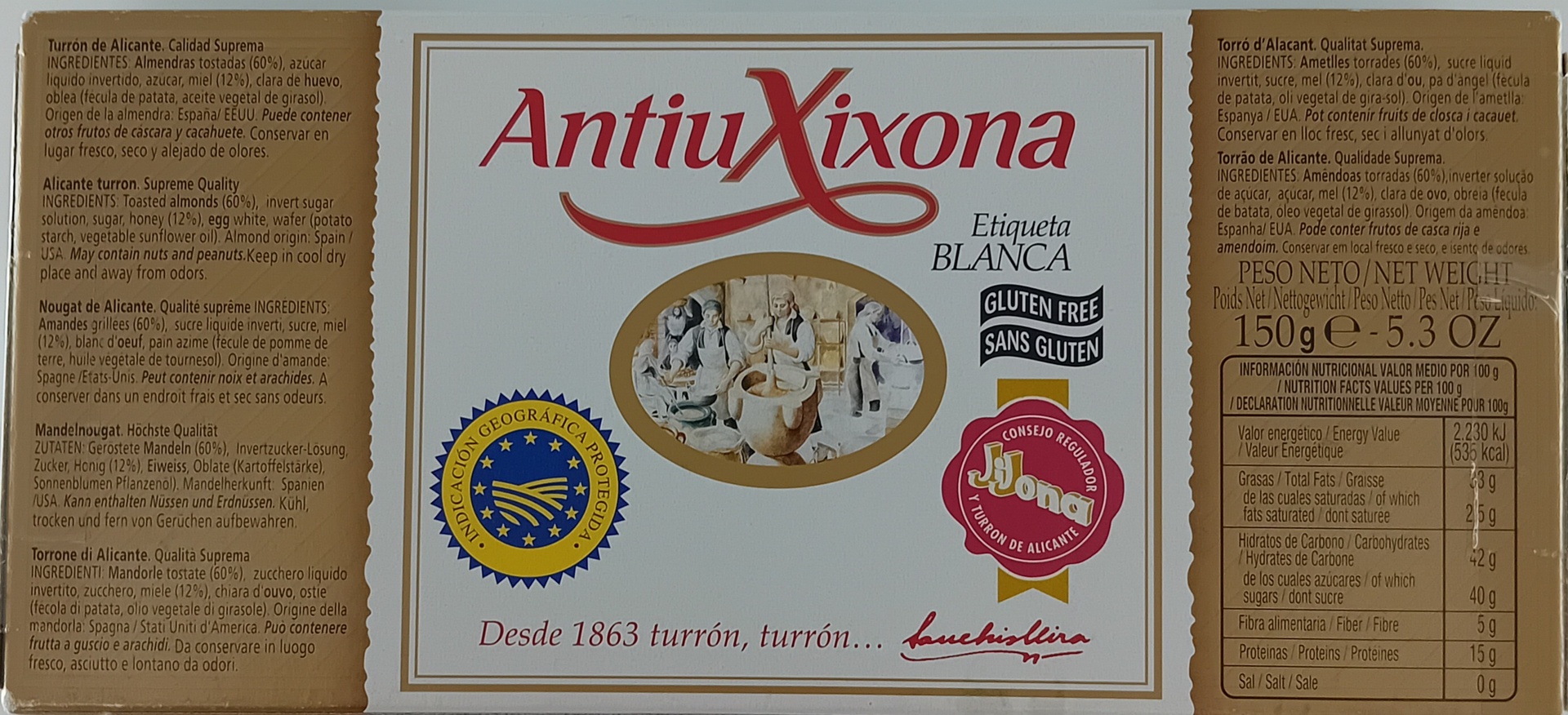 Turron Alicante Etiqueta Blanca Calidad Suprema 150g ANTIU XIXONA