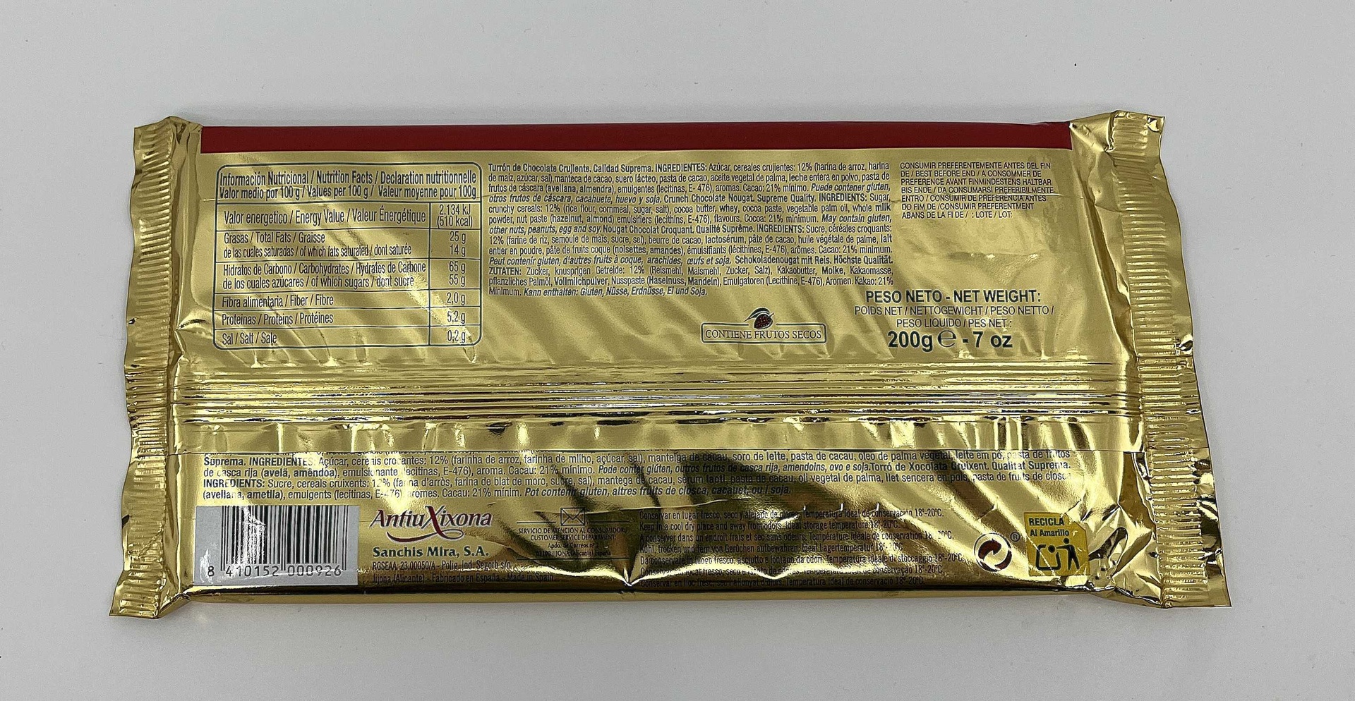 Turrón Chocolate Crujiente Calidad Suprema 200 g ANTIU XIXONA (copia)