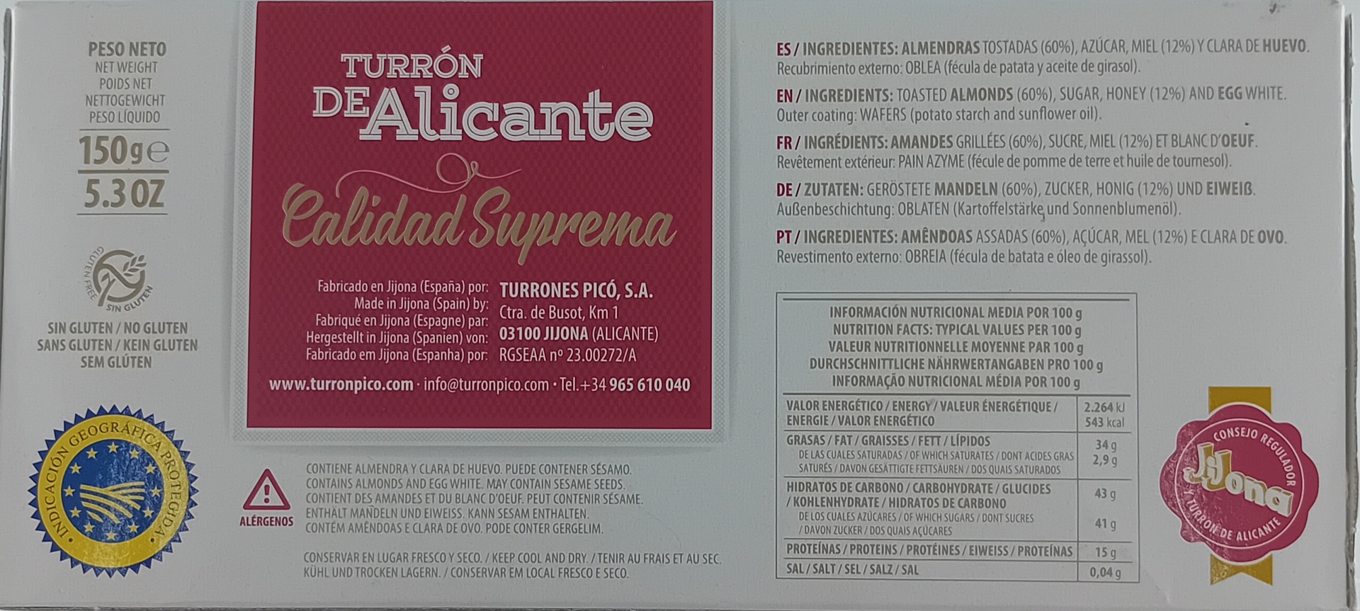 Turron Alicante Calidad Suprema 150g PICÓ