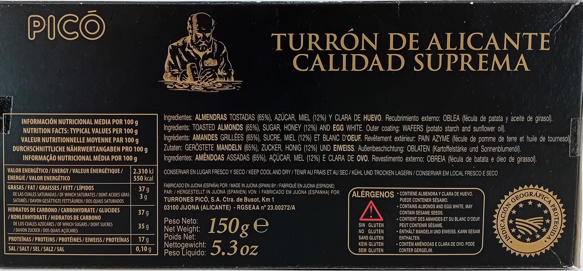 Turron Alicante Alta Seleccion 65% Almendra 150g PICÓ D.O Jijona