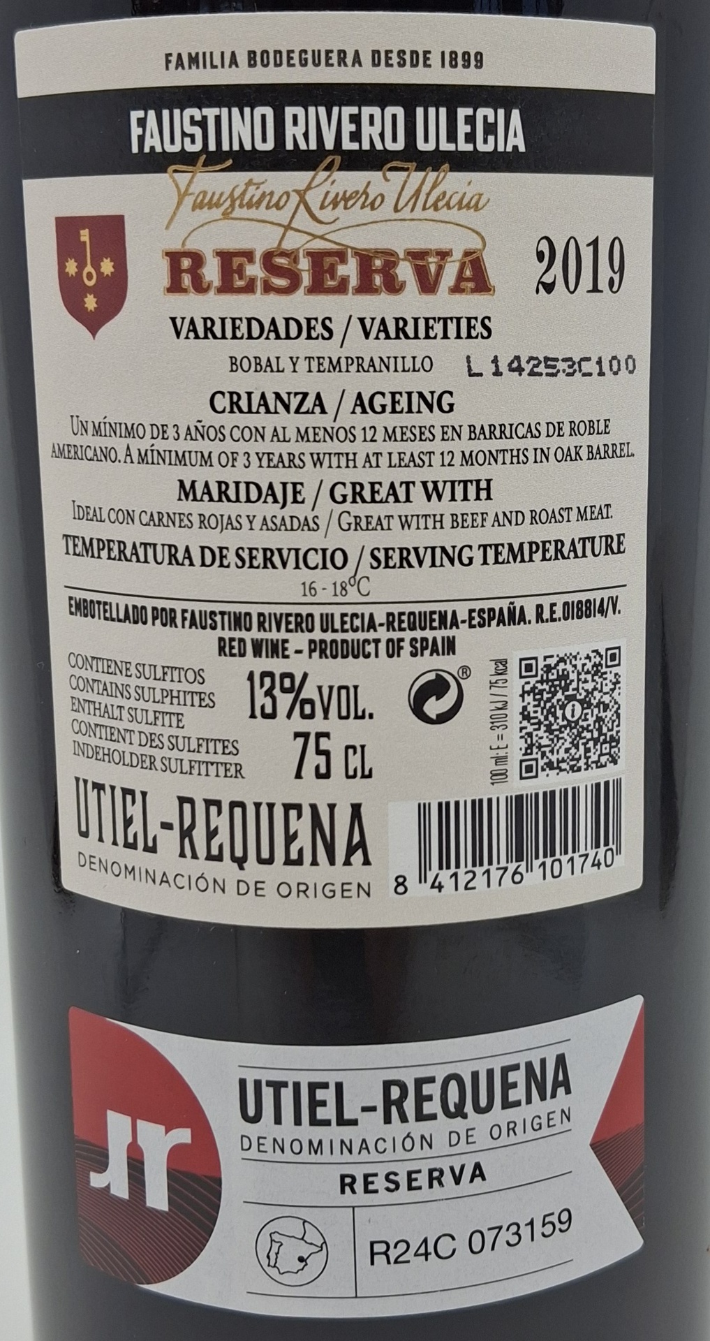 Vino Tinto D.O Utiel Requena FAUSTINO RIVERO Reserva