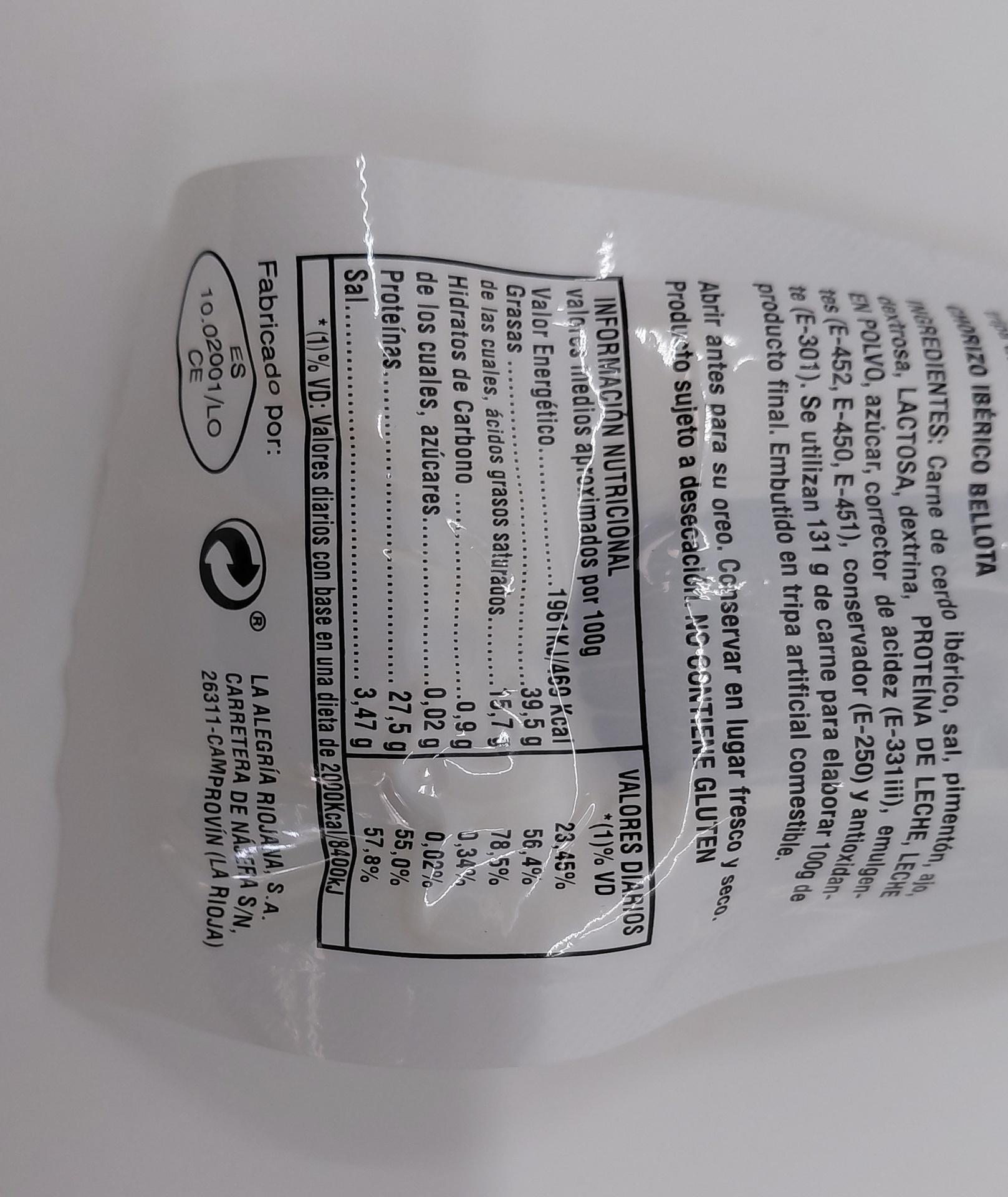 CHORIZO IBERICO DE BELLOTA 250 G APROX MONTELUZ