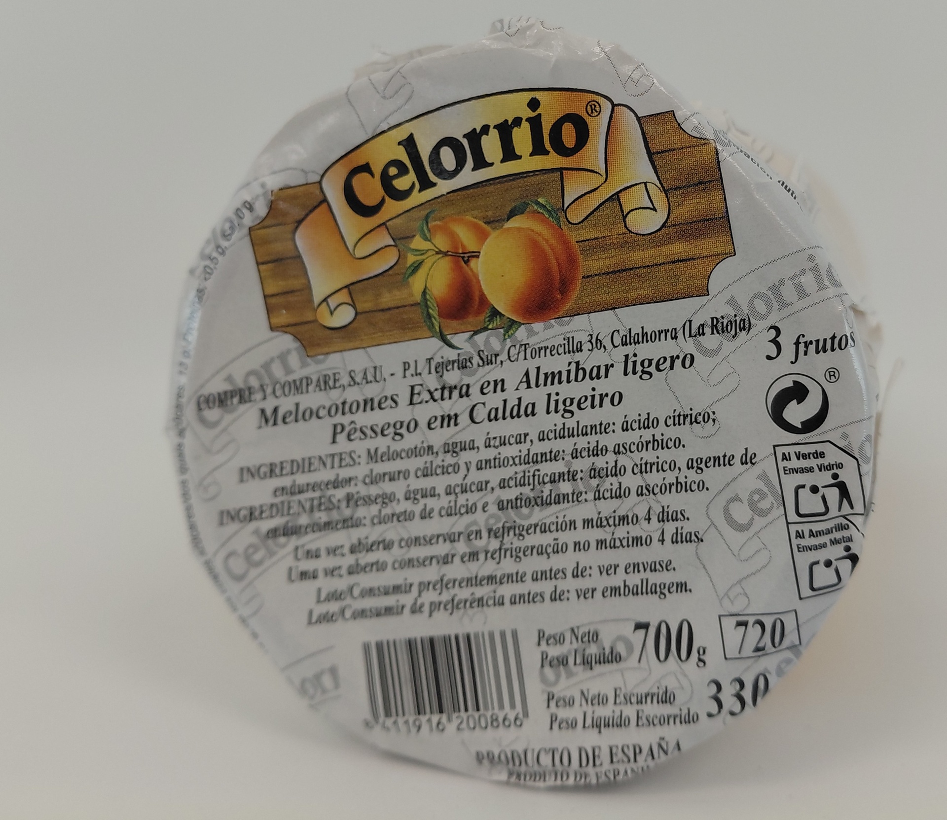 Tarro Melocoton Entero Almibar 700g Neto CELORRIO