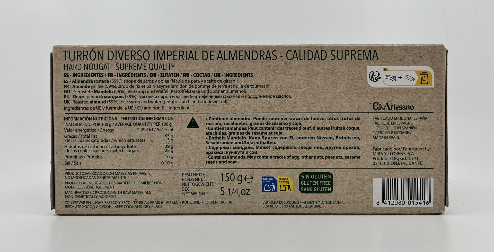 Turron Vegano Imperial de Almendras Calidad Suprema 150g EL ARTESANO