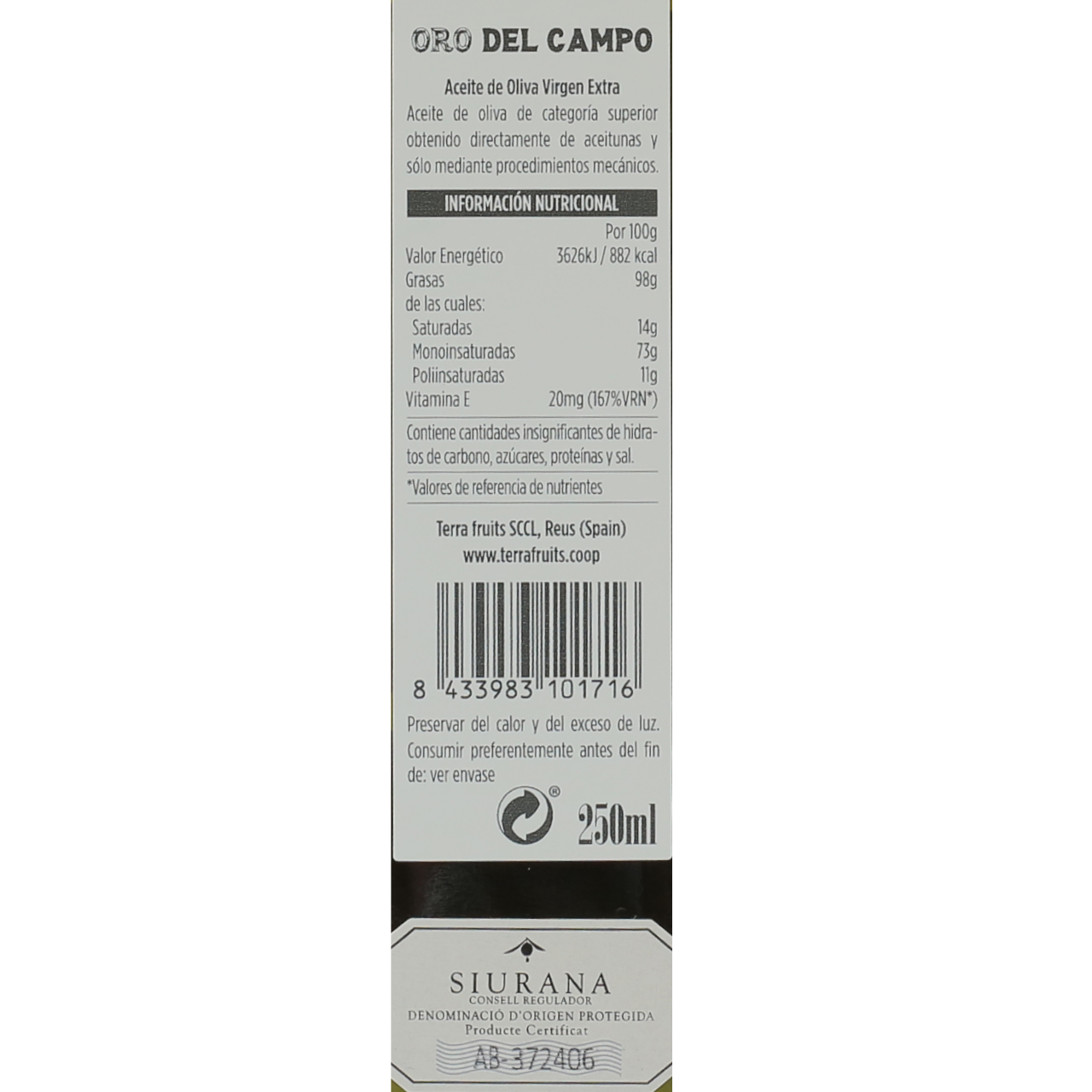 Aceite de Oliva Virgen Extra Arbequina 250 ml ORO DEL CAMPO D.O.P Siurana