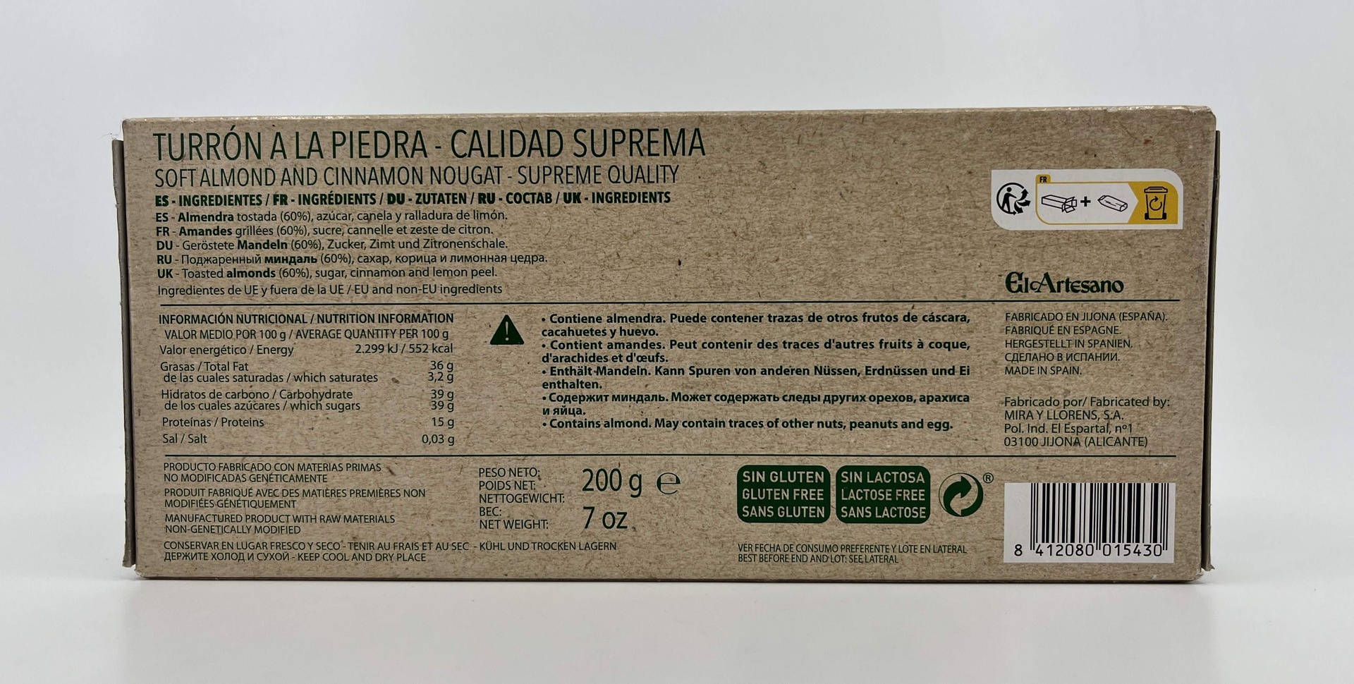Turron Vegano a la Piedra Calidad Suprema 200 g EL ARTESANO