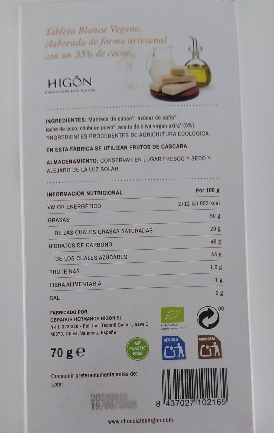 Tableta Chocolate Blanco Vegano 35% Cacao Ecologico 70g HIGÓN