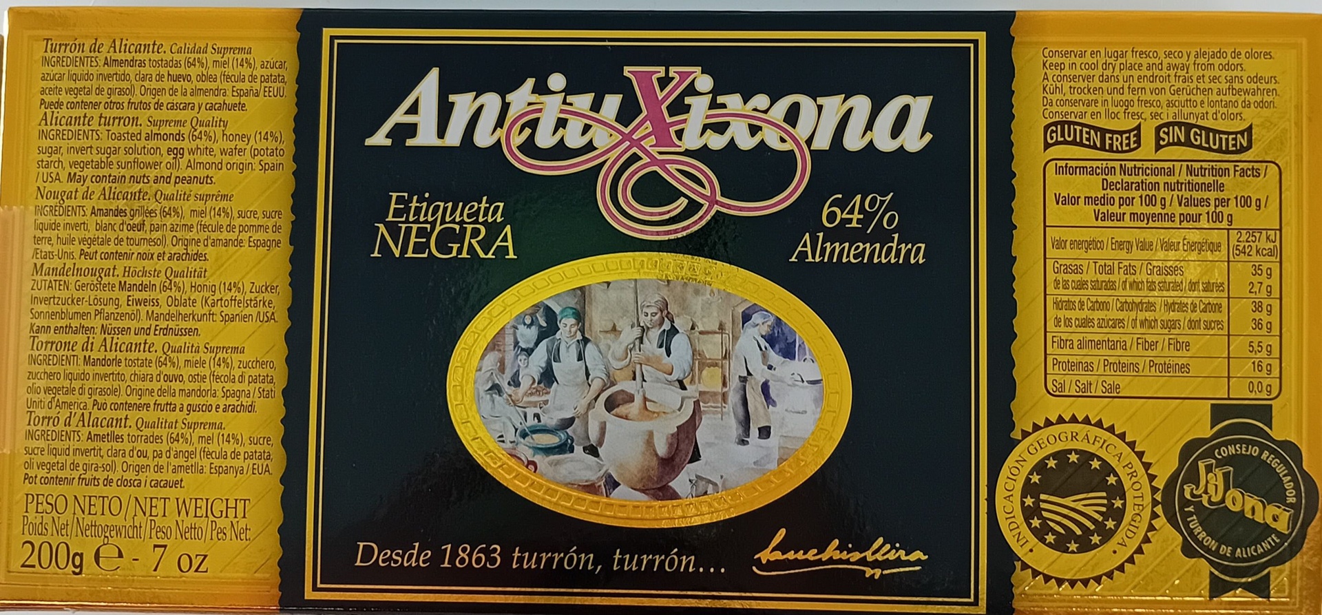 Turron Alicante Etiqueta Negra (64%Almendra) 200 g ANTIU XIXONA