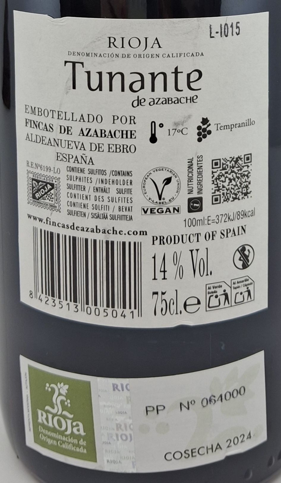 Vino Tinto D.O Rioja TUNANTE de Azabache Tempranillo