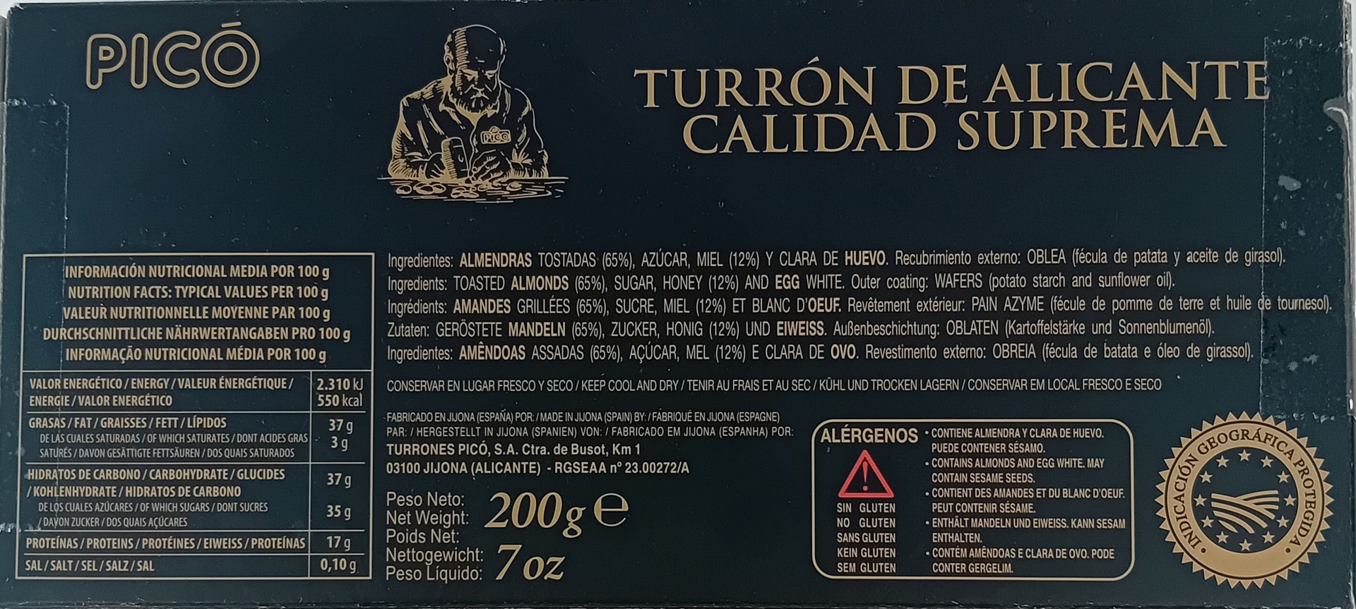 Turron Alicante Alta Seleccion 65% Almendra 200G PICÓ