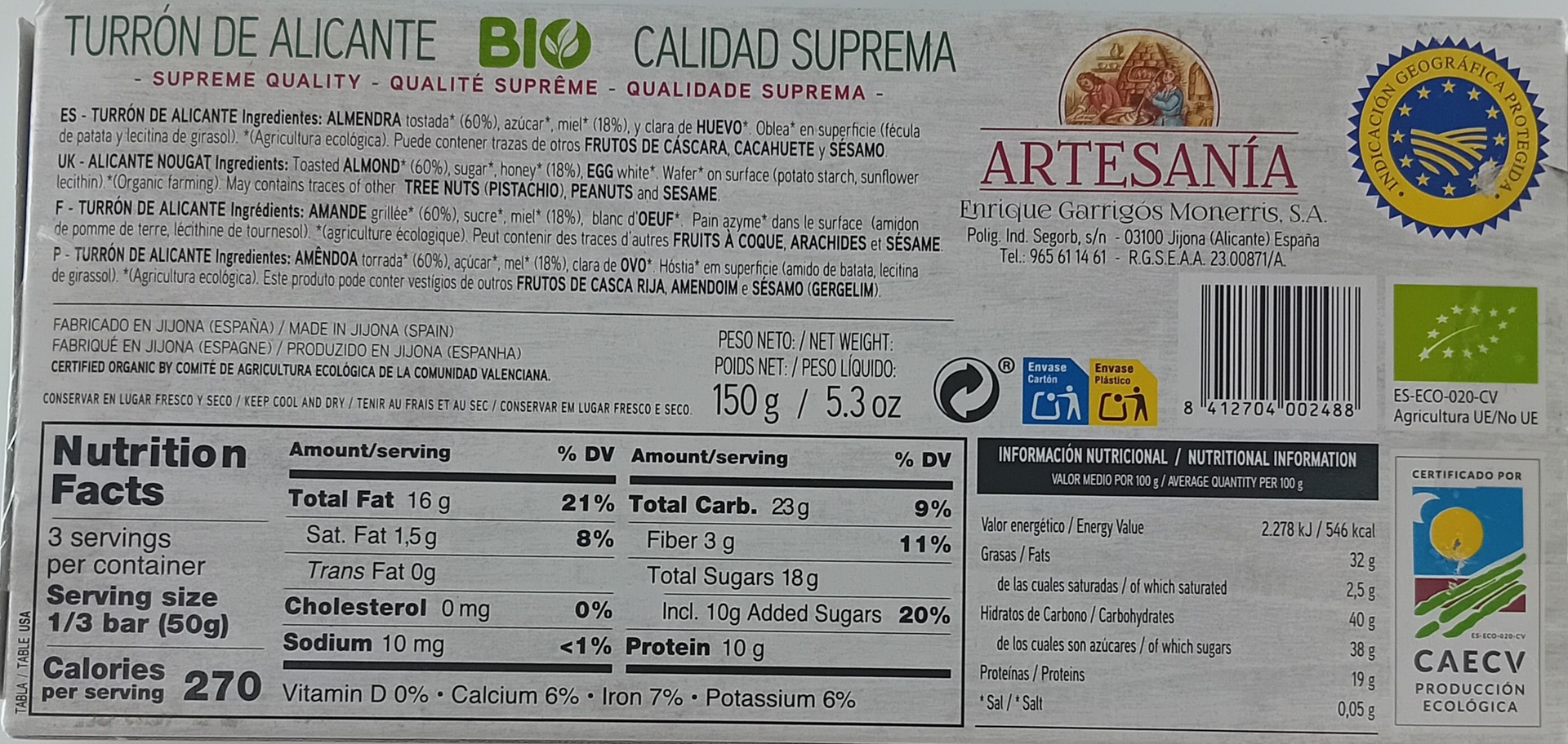 Turron Alicante BIO Calidad Suprema 150g ARTESANÍA de E.Garrigós