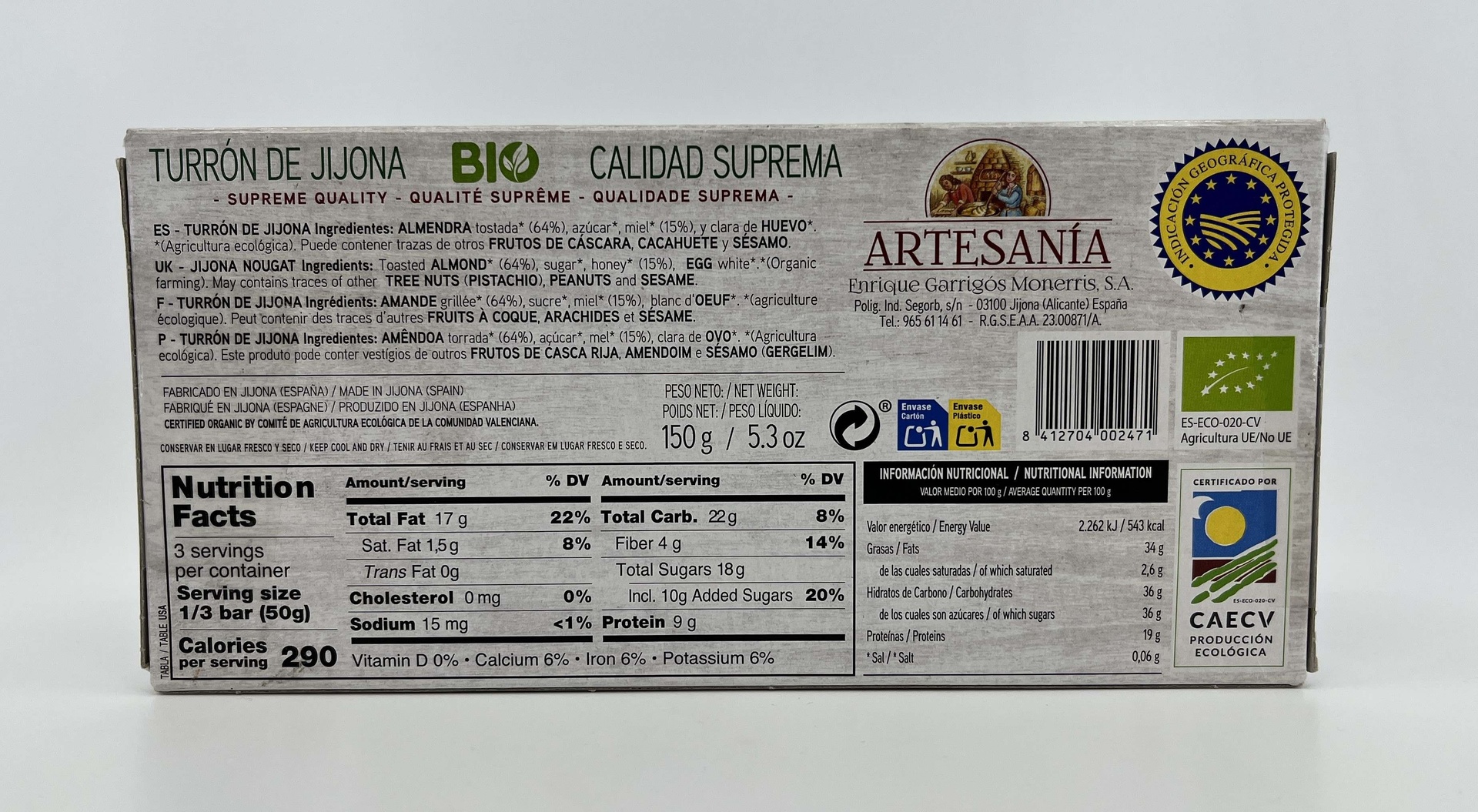 Turron Jijona BIO Calidad Suprema 150 g ARTESANÍA de E.Garrigós