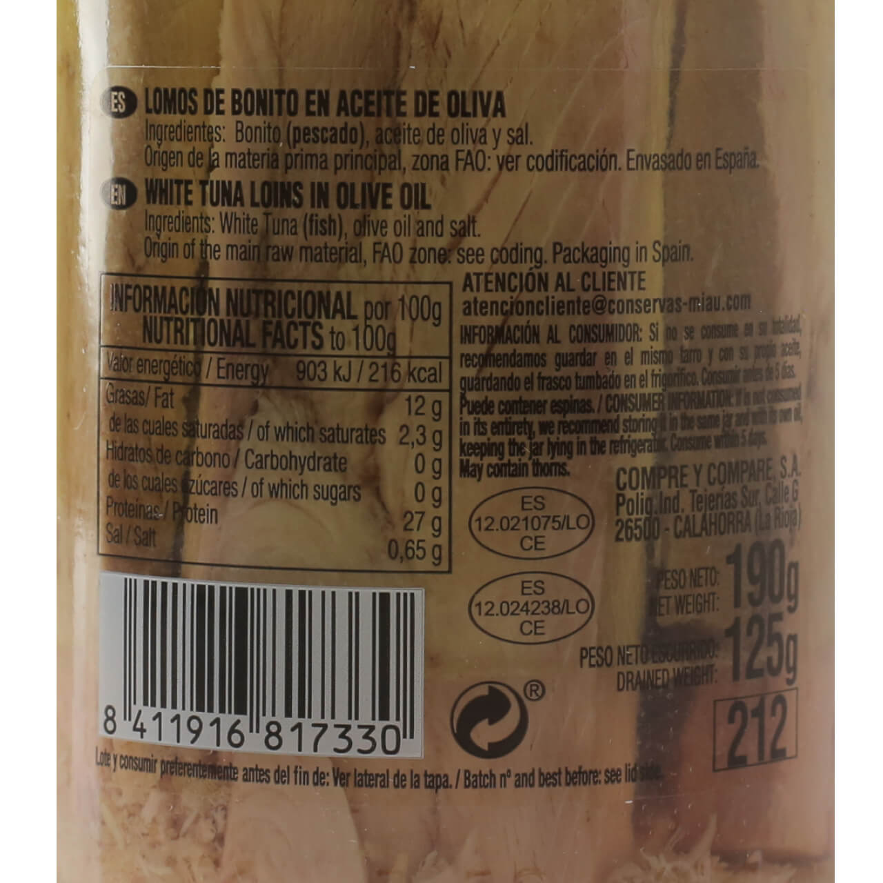 Tarro Lomos de Bonito en Aceite de Oliva Virgen 212ml 190g Neto MIAU