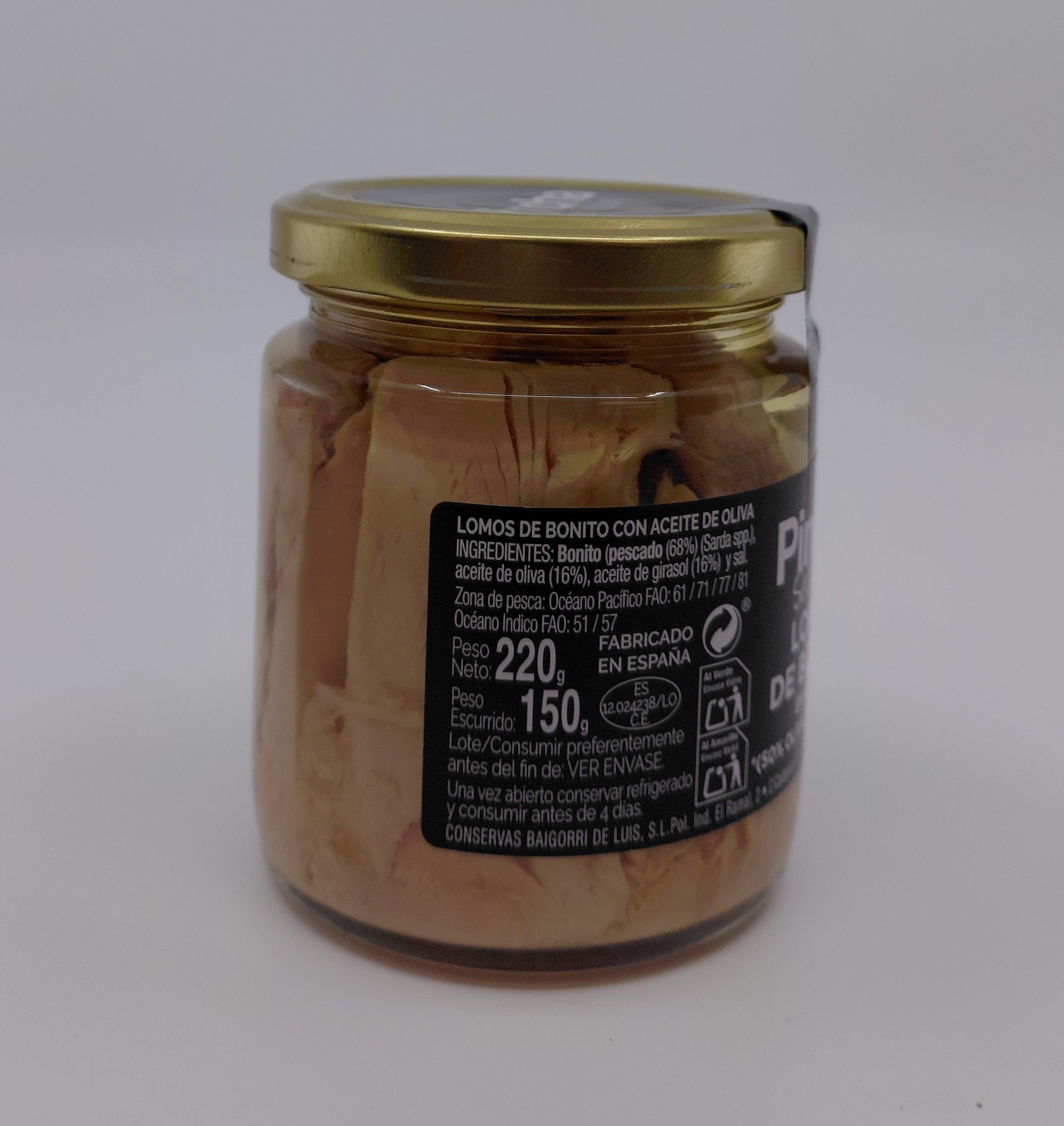 Tarro Lomos de Bonito en Aceite (50% Oliva - 50% Girasol) 220g Neto PINCHA SELECCION de Conserveras Baigorri