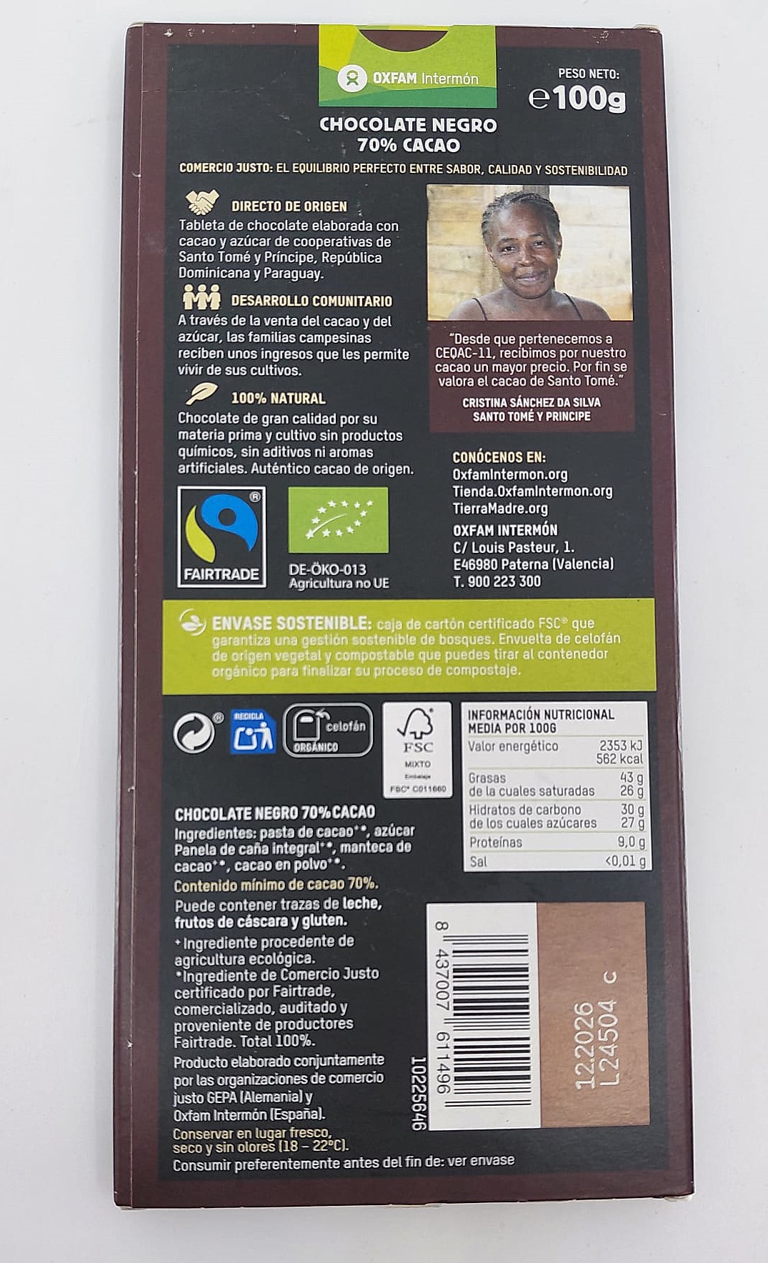 Tableta Chocolate Negro 70% BIO 100gr OXFAM INTERMON