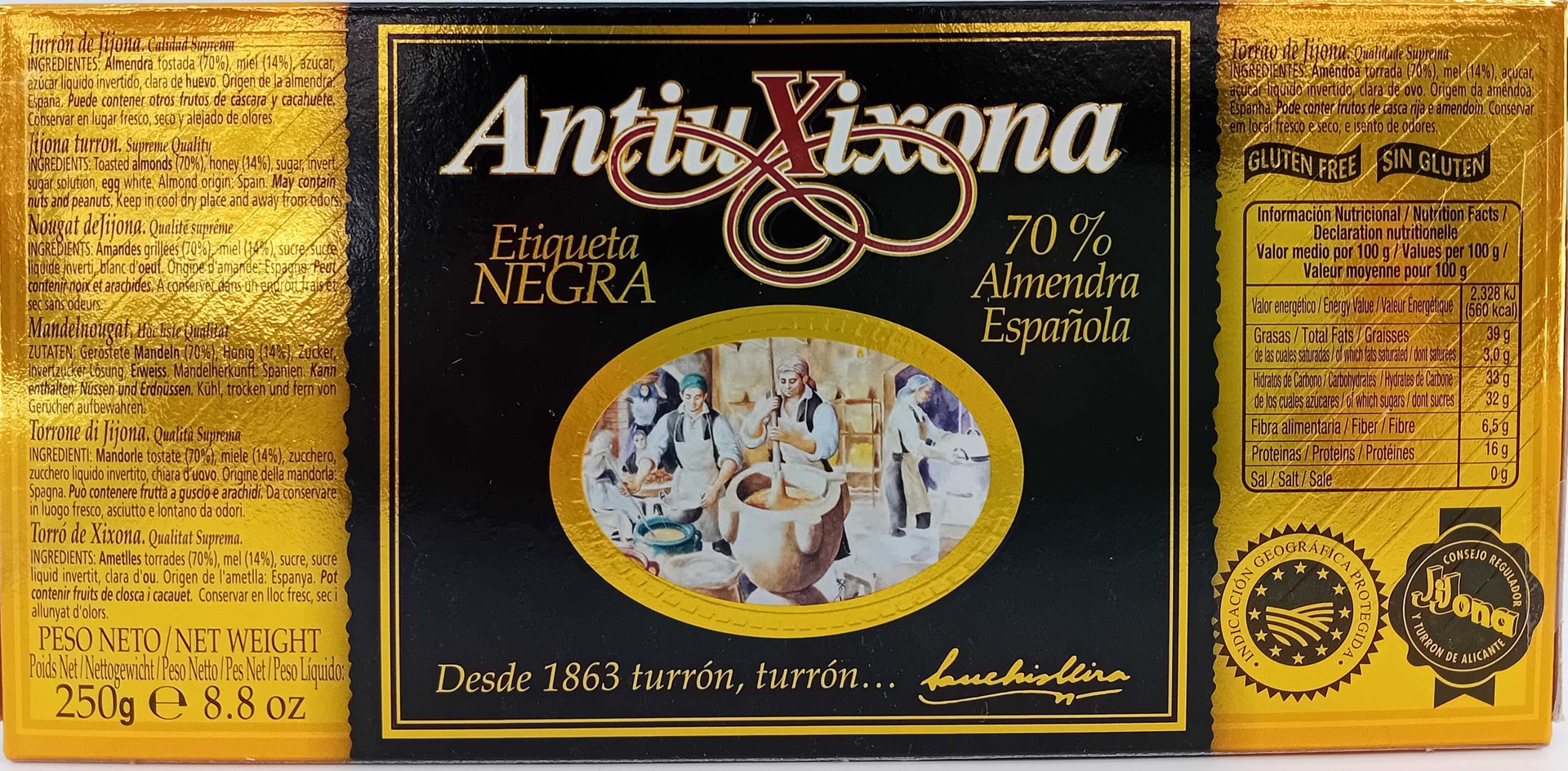 Turron Alicante Etiqueta Negra (64% Almendra) 250g ANTIU XIXONA