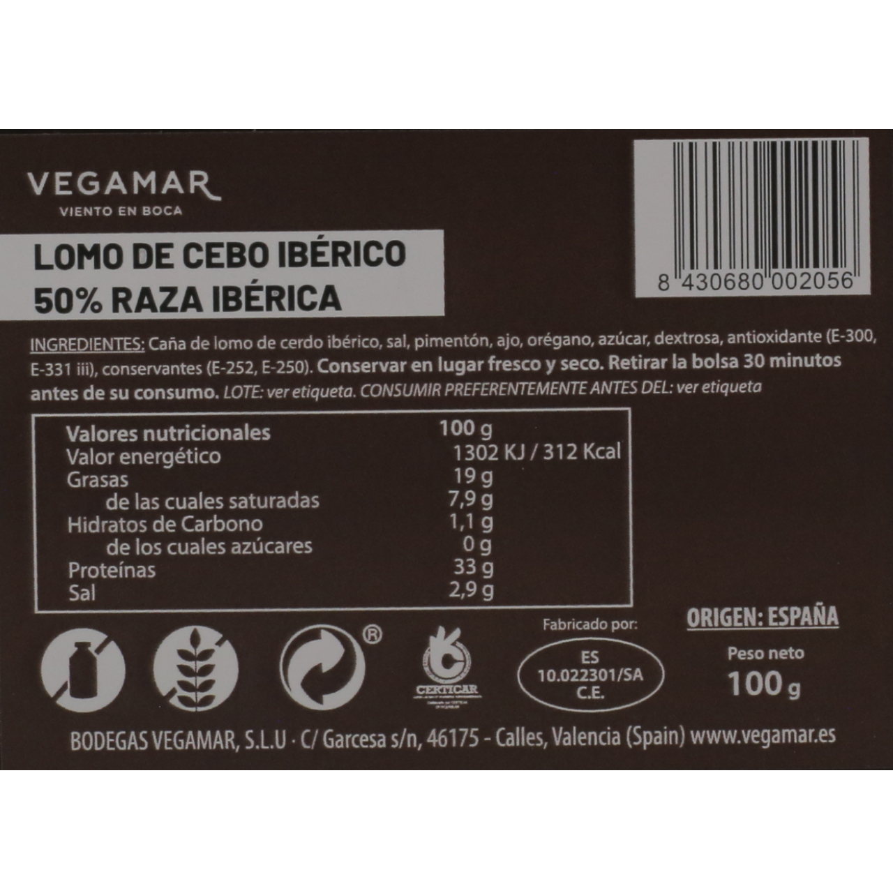 Lomo Loncheado 50 % Ibérico Cebo 100 g VEGAMAR Estuchado