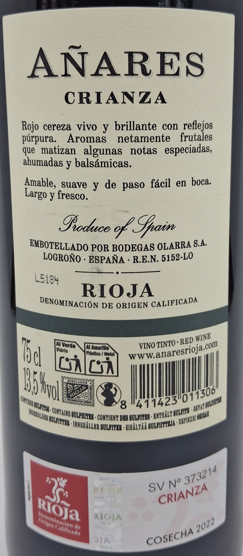 Vino Blanco D.O. Rueda 100% Verdejo AÑARES TERRANOVA de Bodegas Olarra