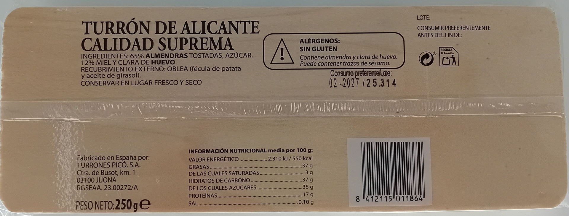 Turron ALicante Calidad Suprema 250 g PICÓ Hecho a mano