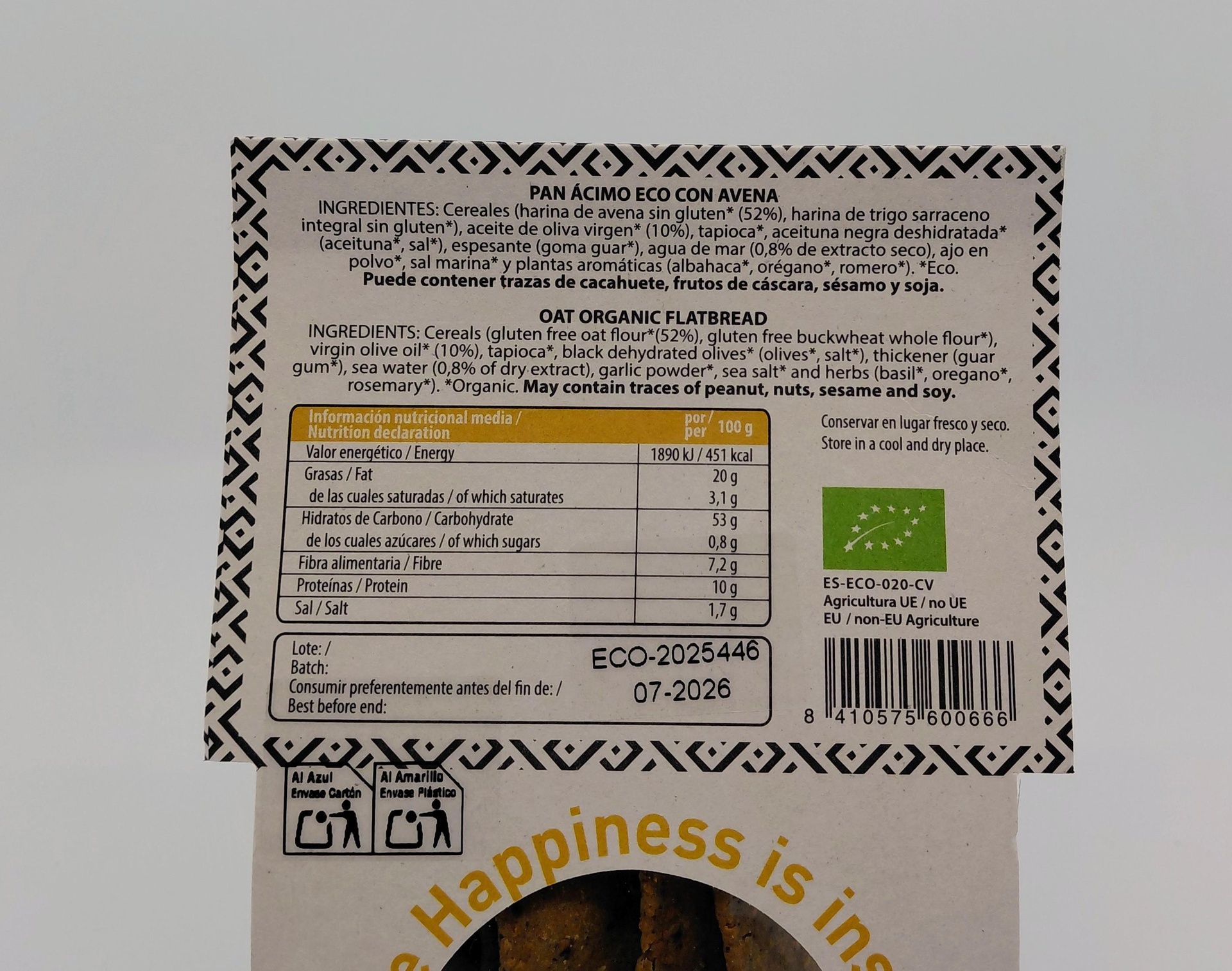 Bolsa Pan Ácimo Avena Provenzal Bio 100 g HORNO DELICATALIA