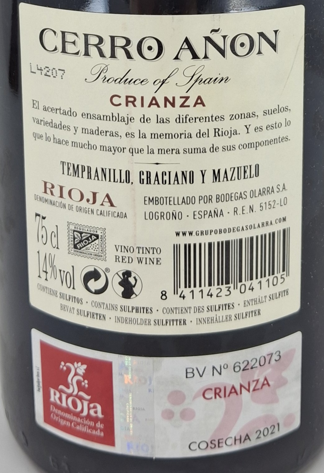 Vino Tinto de Autor D.O Rioja CERRO AÑÓN Crianza