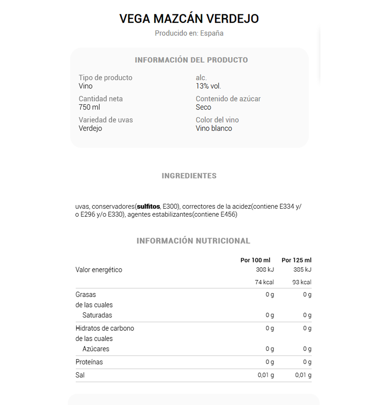 VINO BLANCO D.O.RUEDA VERDEJO 100% VEGA MAZCAN