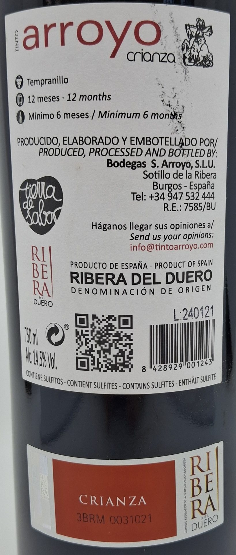 Vino Tinto D.O. Ribera del Duero ARROYO Crianza