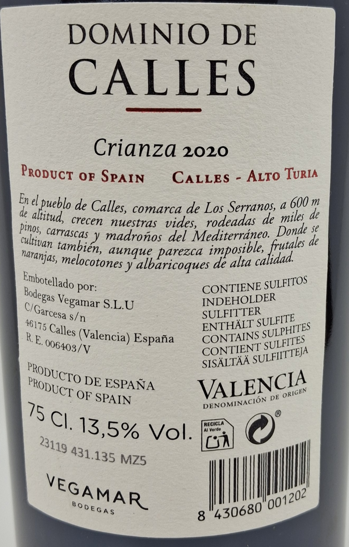 Botella Vino Tinto DOMINIO DE CALLES Crianza