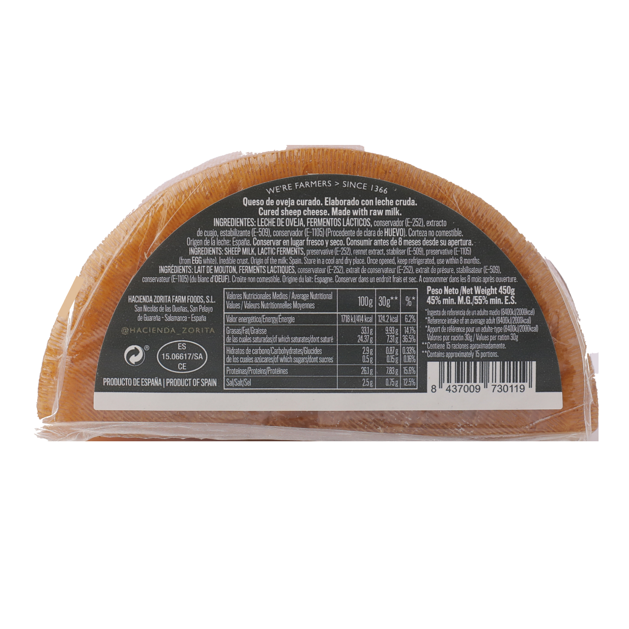Queso 100% Oveja Leche Cruda Reserva 2'' g aprox. HACIENDA ZORITA Estuchado