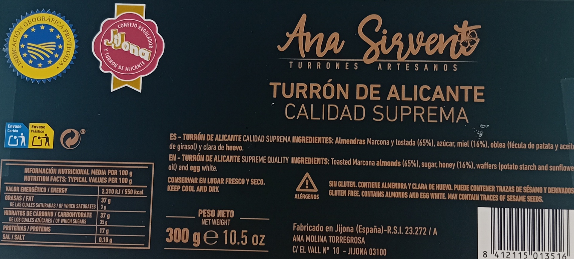 Turron Alicante Calidad Suprema 300 g ANA SIRVENT