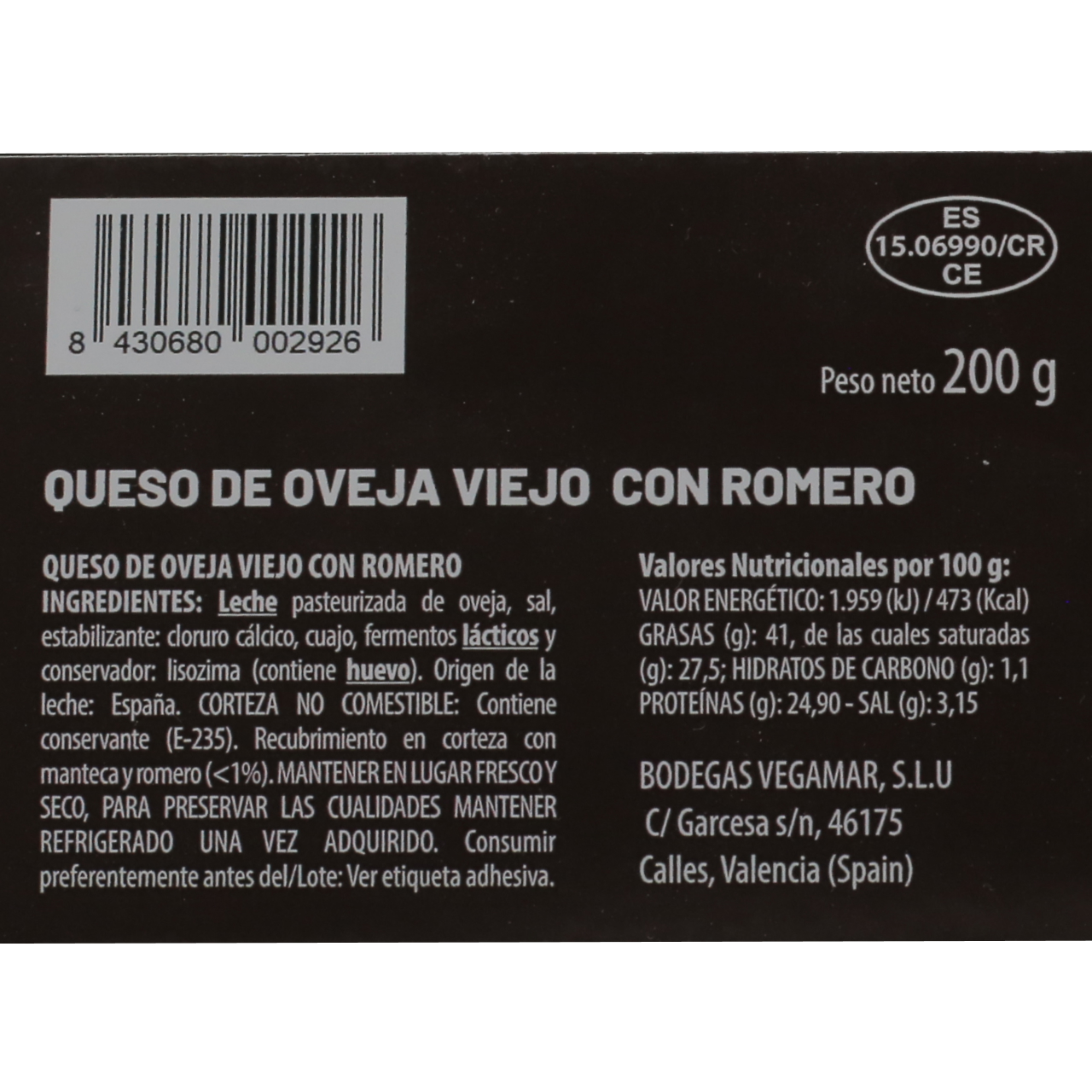 Cuña 200 g aprox. Queso 100% Oveja con Romero VEGAMAR Estuchado