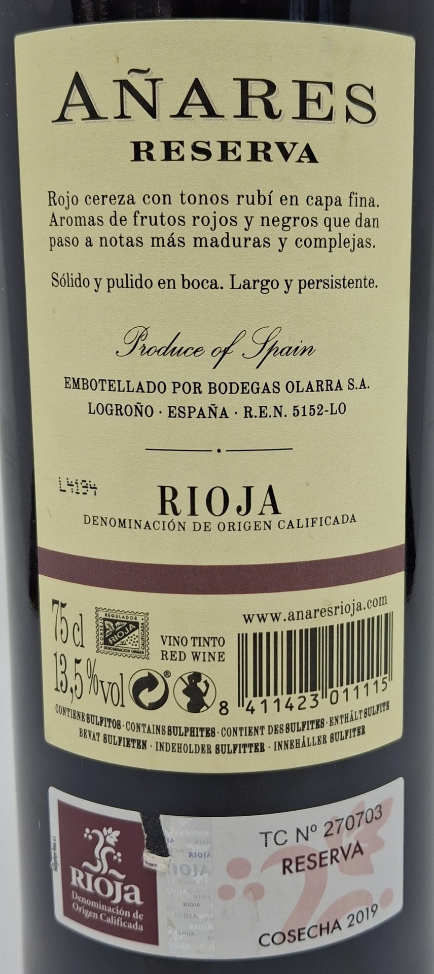Vino Tinto D.O.Rioja AÑARES Reserva Bodegas Olarra