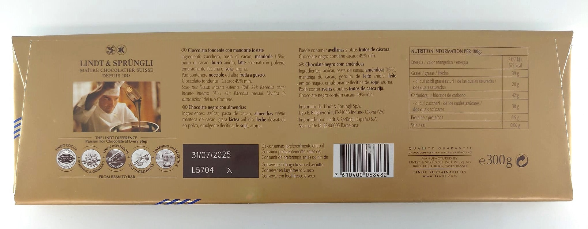 Lingote Chocolate Negro y Almendras 300 LINDT ORO