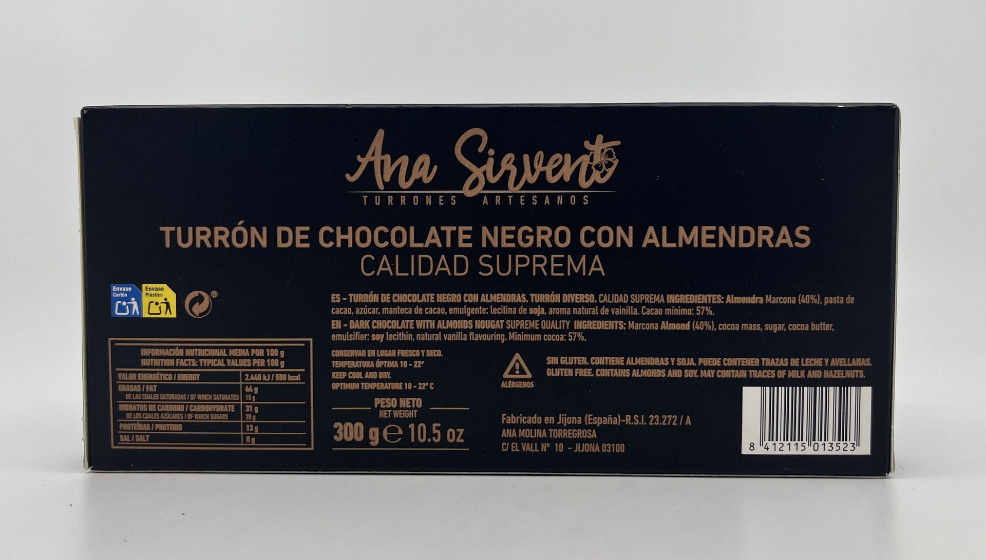 Turron Chocolate Negro Almendras 300 g ANA SIRVENT