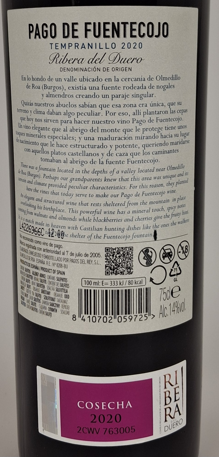 Vino Tinto de Autor D.O.Ribera del Duero PAGO DE FUENTECOJO Tempranillo