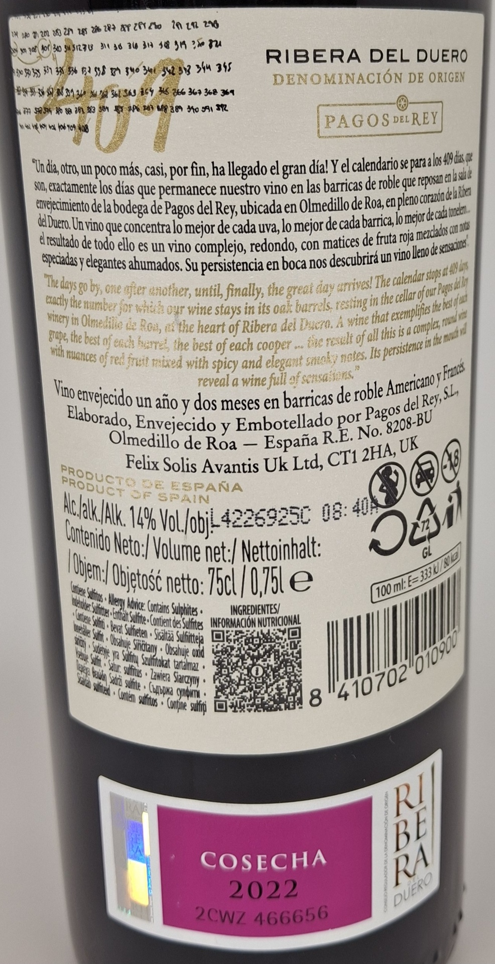 Vino Tinto de Autor D.O. Ribera del Duero CONDADO DE ORIZA 409