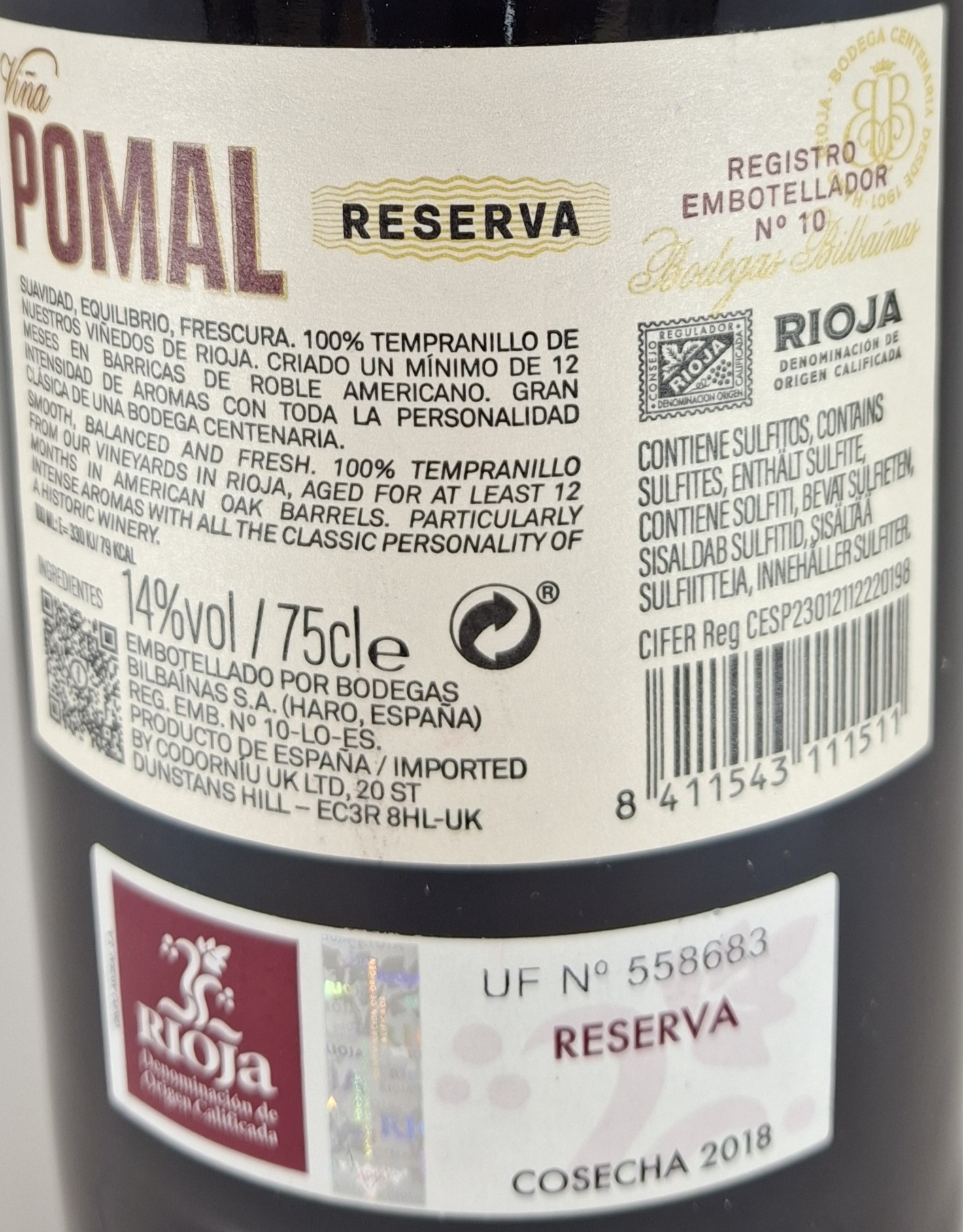 Vino Tinto D.O. Rioja VIÑA POMAL Reserva