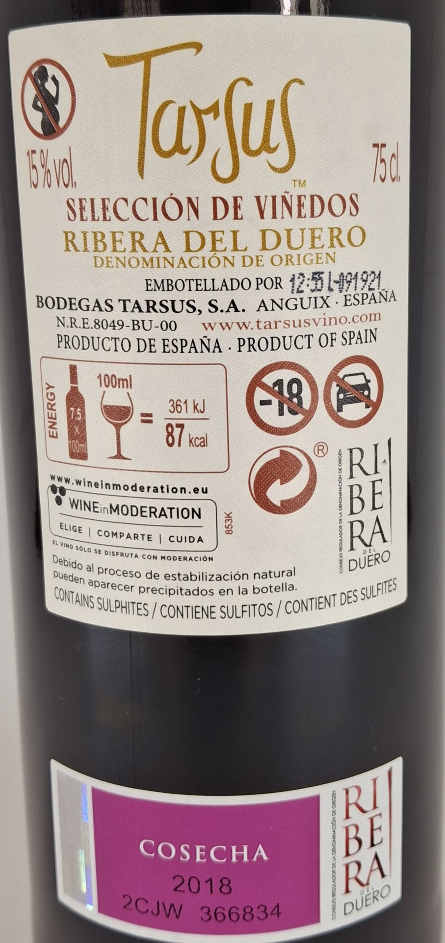 Vino Tinto D.O. Ribera del Duero TARSUS Seleccion de Viñedos Botella Numerada