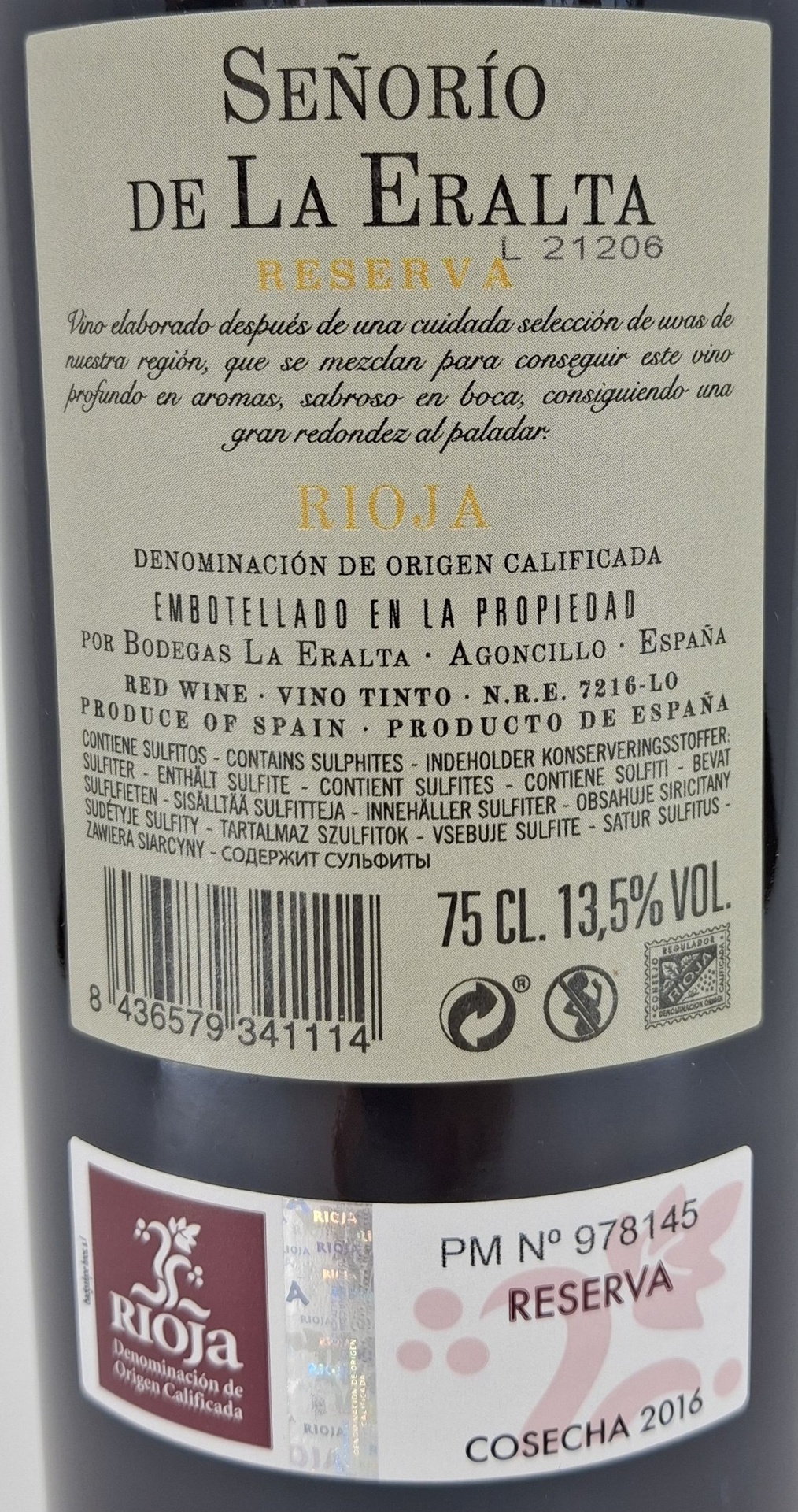 Vino Tinto D.O.Rioja SEÑORÍO DE LA ERALTA Reserva