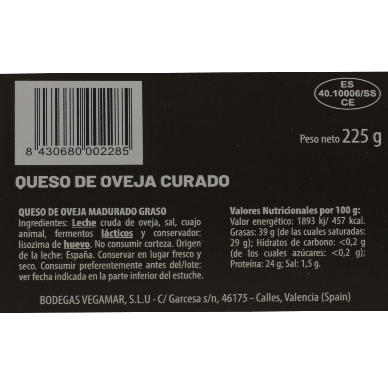 Cuña Queso Curado 100% Oveja Leche Cruda 225 g aprox. VEGAMAR Estuchado