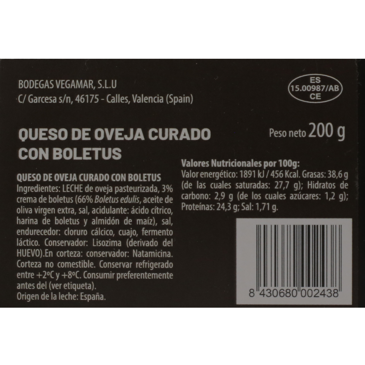 Cuña Queso 100% Oveja con Boletus 200 g aprox. VEGAMAR Estuchado