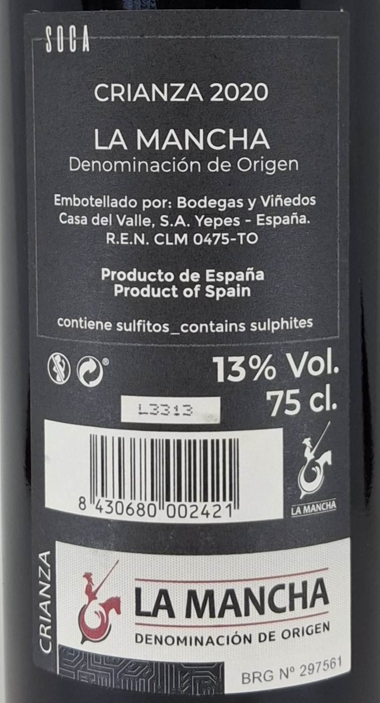VINO TINTO SOCA CRIANZA - D.O.LA MANCHA